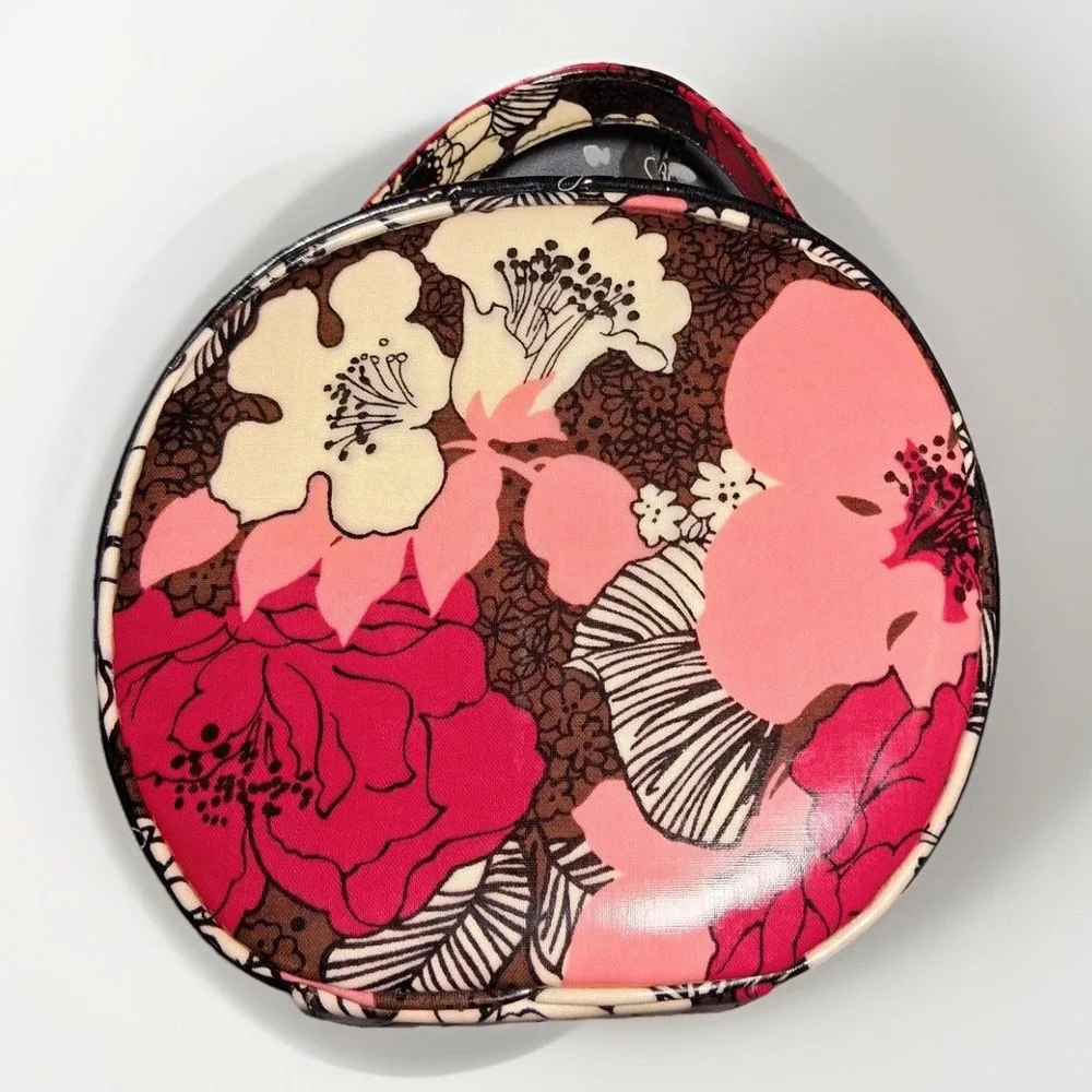 Vera Bradley Mocha Rouge Round Cosmetic Case Floral Travel Makeup Bag Pink Brown